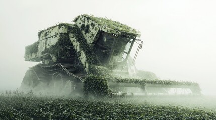 Overgrown Harvester in Misty Field: A Post-Apocalyptic Scene