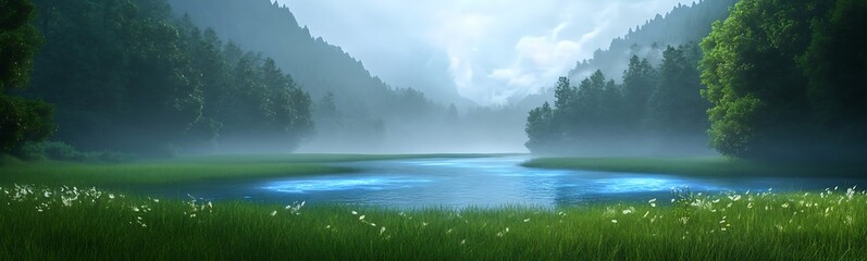 A serene landscape featuring a hidden valley with glowing blue rivers surrounded by mist.