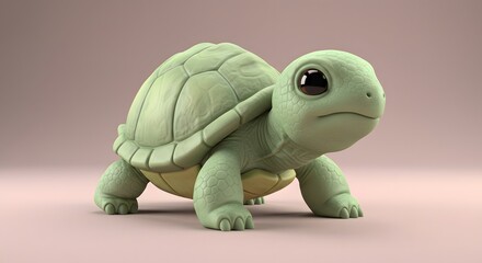 Cute Cartoon Turtle Walking Slowly with Light Green Shell Texture