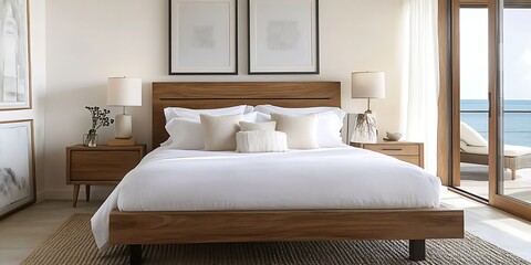 there is a bed with white sheets and pillows in a bedroom