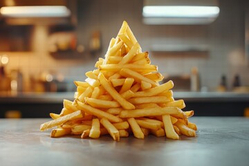 French fries forming a pyramid on a metal table in a restaurant kitchen