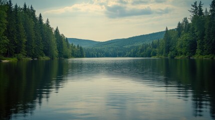 Fototapeta premium A serene boat floats on calm water, surrounded by lush trees, creating a peaceful and picturesque natural scene.