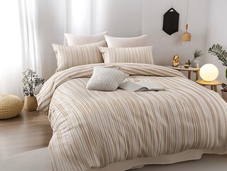 there is a bed with a striped comforter and pillows on it