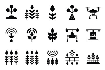Design a modern icon pack representing smart agriculture technologies; include AI, sensors, drones, data analysis, irrigation, and precision farming elements.