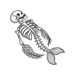 mermaid skeleton sketch engraving  Scratch board imitation. Black and white hand drawn image. vector art 