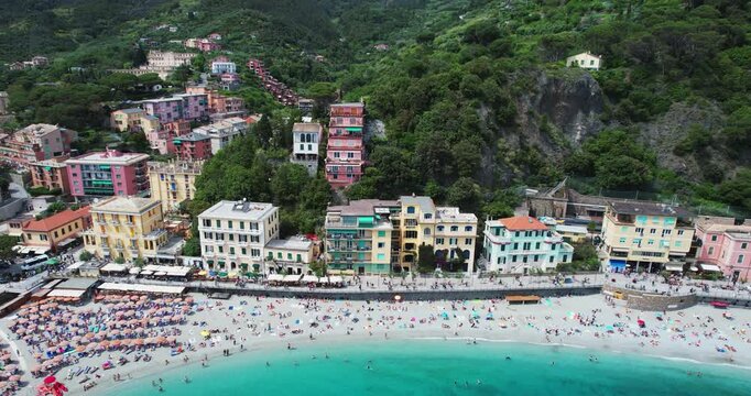Monterosso al Mare's beach in Cinque Terre, Italy, featuring blue seas, umbrellas, and visitors enjoying the summer day