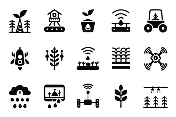 Design a vibrant icon pack representing smart agriculture and Agritech, featuring futuristic farming technology elements.