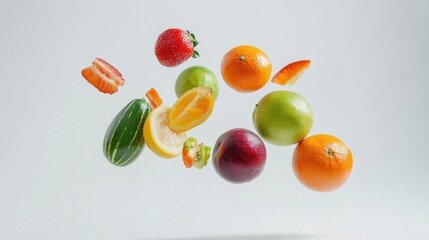 Different fresh fruits and vegetables in air on white background