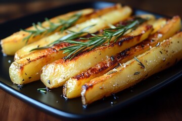 Delicious golden potato wedges seasoned with rosemary and spices, creating a tempting culinary scene