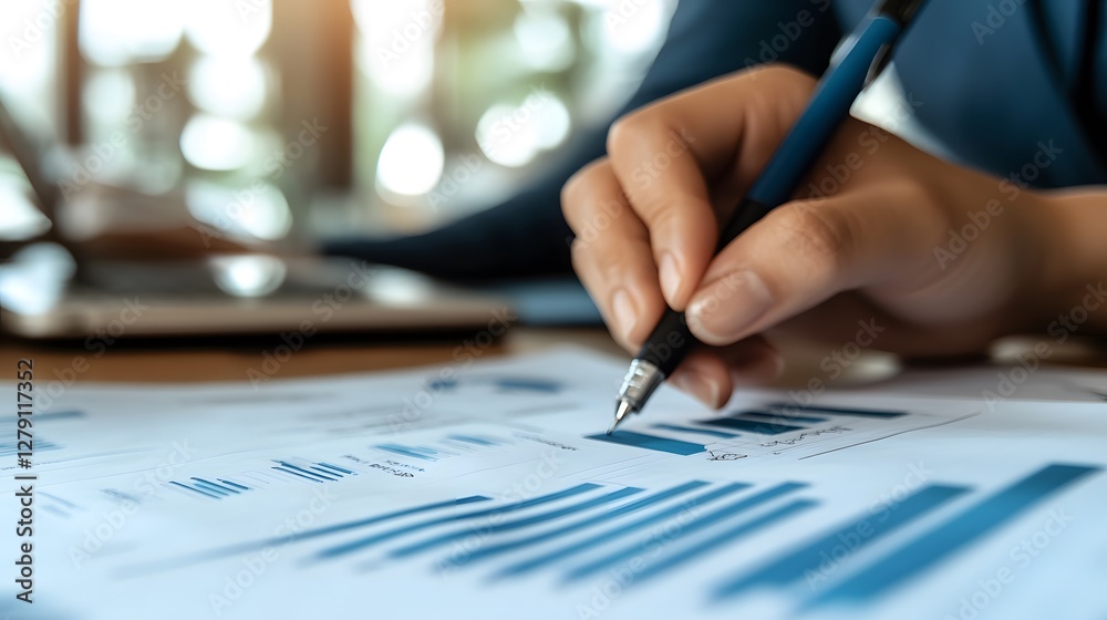 Poster hand holding pen over business graphs and data analysis sheets