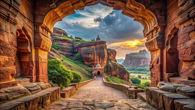 Badami Shivalaya Cliff Path Entrance - AI Photography