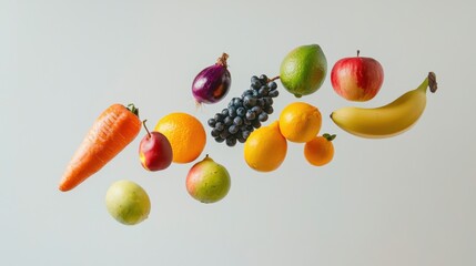 Different fresh fruits and vegetables in air on white background