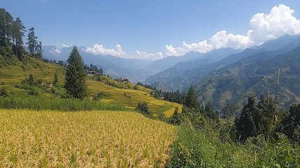 Fototapeta premium Golden rice terraces in mountain valley.