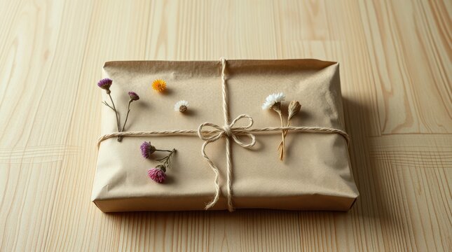 Gift package with flowers, wrapped in brown paper and tied with string on a wooden table surface.