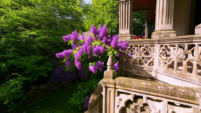 A rustic countryside balcony covered in lush blooming lilac flowers. Concept of peace and rural charm
