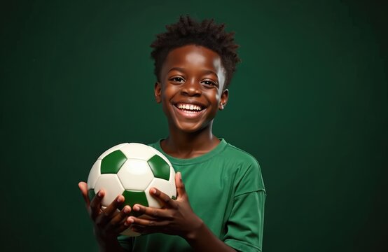 Afro-american boy smiles, holding white soccer ball with green pattern. Portrait of young football player in athletic green t-shirt. Concept of youth, sport, fun, activity, healthy lifestyle, team
