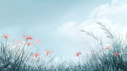 there are many red flowers in the grass with a blue sky