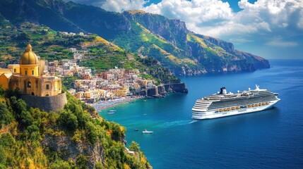 Naklejka premium A majestic cruise ship sails through the ocean, approaching a quaint coastal town, showcasing a blend of leisure and scenic beauty.