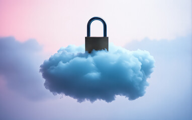 Digital concept of cybersecurity and cloud storage protection, featuring a floating padlock in a cloud.