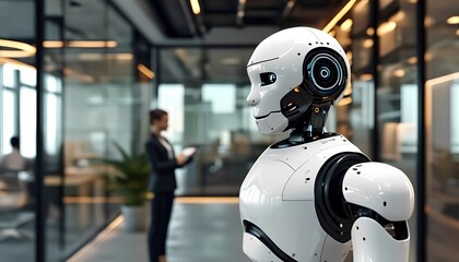 Fototapeta premium A humanoid robot stands in a sleek office environment, surrounded by contemporary furniture.