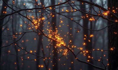 A surreal burst of golden amber and deep bronze sparks crackling along tree branches, creating a warm and enchanted forest atmosphere