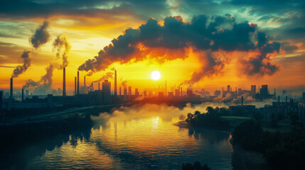 Naklejka premium Cityscape with thick smog from factory chimneys and a green park. Problems of environmental pollution. Ecological disaster concept.