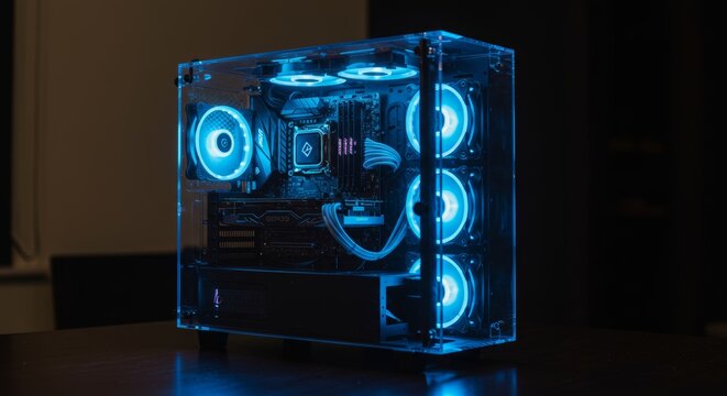 Illuminated computer build showcased in transparent casing for enthusiasts