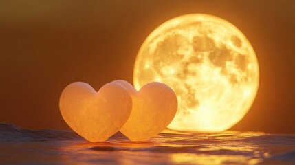 Fototapeta premium Two glowing hearts under a large orange moon