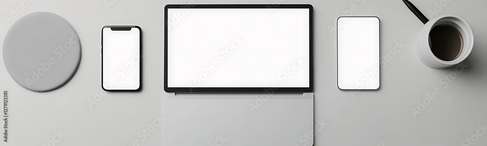 Poster a laptop and smartphone positioned side by side, showcasing both screens in a professional setting.