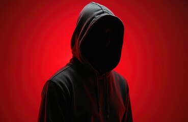 Mysterious silhouette of person in hoodie against red backdrop. Shadowy figure, faceless, incognito. Dark attire, hidden identity. Conceptual image evokes intrigue, anonymity, secrecy in digital