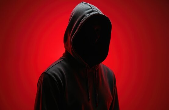 Mysterious silhouette of person in hoodie against red backdrop. Shadowy figure, faceless, incognito. Dark attire, hidden identity. Conceptual image evokes intrigue, anonymity, secrecy in digital