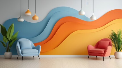 Retro 70s Gradient Wall with Stylish Chairs
