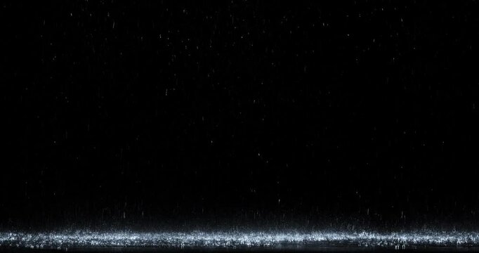 4k Rain over black background, realistic rain can be use in your composition, Rain hits the ground effect, Splashing rain