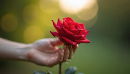 Close-up of hand holding one red rose against blurry green background. Valentine day flower as symbol love, forgiveness, compassion reconciliation in relationships. Giving rose as gift. Rose perfect