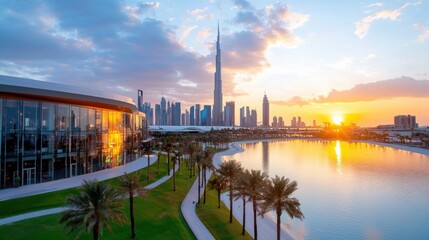 Naklejka premium Stunning Aerial View of Expo City in Dubai at Sunset