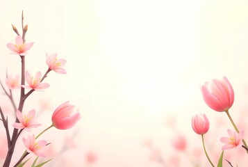 A spring background with pastel colors in a minimalist style, featuring blooming  tulips ans Sakura brunc  n a light backdrop. Soft textures and airy natural elements,  a fresh and delicate atmosphere