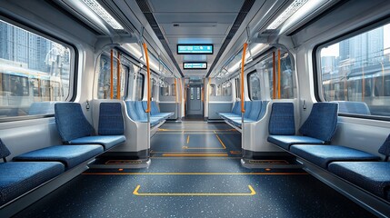 Modern train car interior, empty seats, city view.