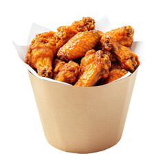 Tasty fried chicken wings in paper bucket isolated on transparent background