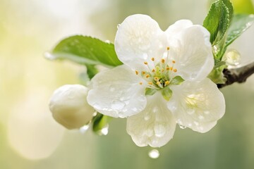 Obraz premium A delicate white flower adorned with fresh water droplets, showcasing its natural beauty and freshness in an enchanting manner.