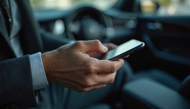 Close-up of businessman hand using smartphone in car. Modern auto interior, successful man in suit uses mobile phone app, browsing, texting during ride in vehicle. Stylish male with gadget. Tech