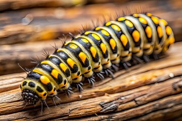 Fototapeta premium Close-up Caterpillar Macro Photography, Yellow Black Spikes Wood