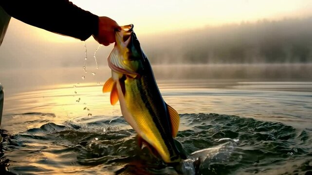 Adult man catching a largemouth bass at sunrise