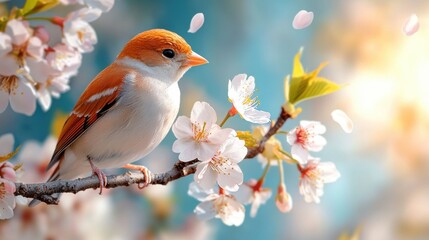 Fototapeta premium Vivid Cherry Blossoms in Full Bloom with Bird