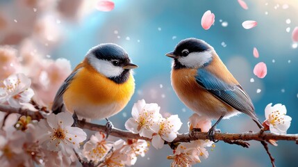 Fototapeta premium Vivid Cherry Blossoms with Birds in Full Bloom