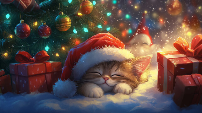 The kitty wear the Christmas hat and sleep under Christmas tree in the warming house.