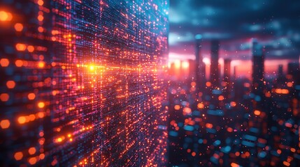 Fototapeta premium Digital Data Stream Over Cityscape at Sunset