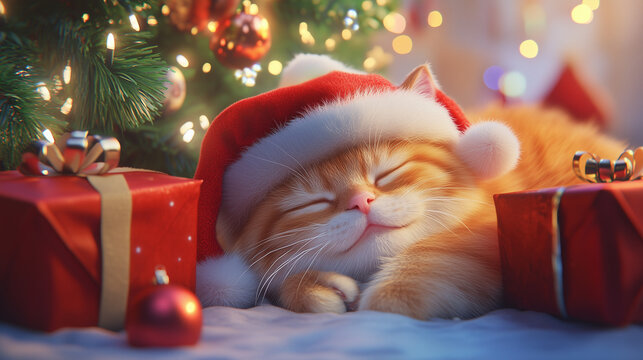 The kitty wear the Christmas hat and sleep under Christmas tree in the warming house.