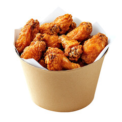 Tasty fried chicken wings in paper bucket isolated on transparent background