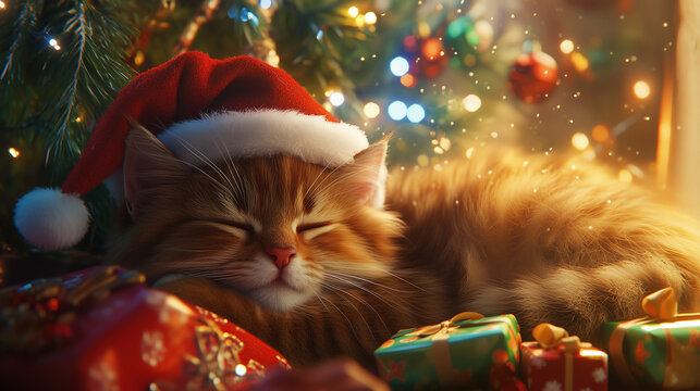 The kitty wear the Christmas hat and sleep under Christmas tree in the warming house.