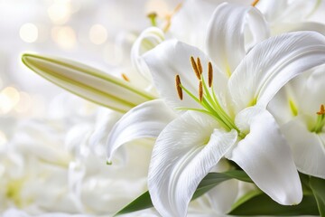 Obraz premium A close-up view of a delicate white flower, showcasing intricate details against a soft, blurred background for an elegant and serene composition.